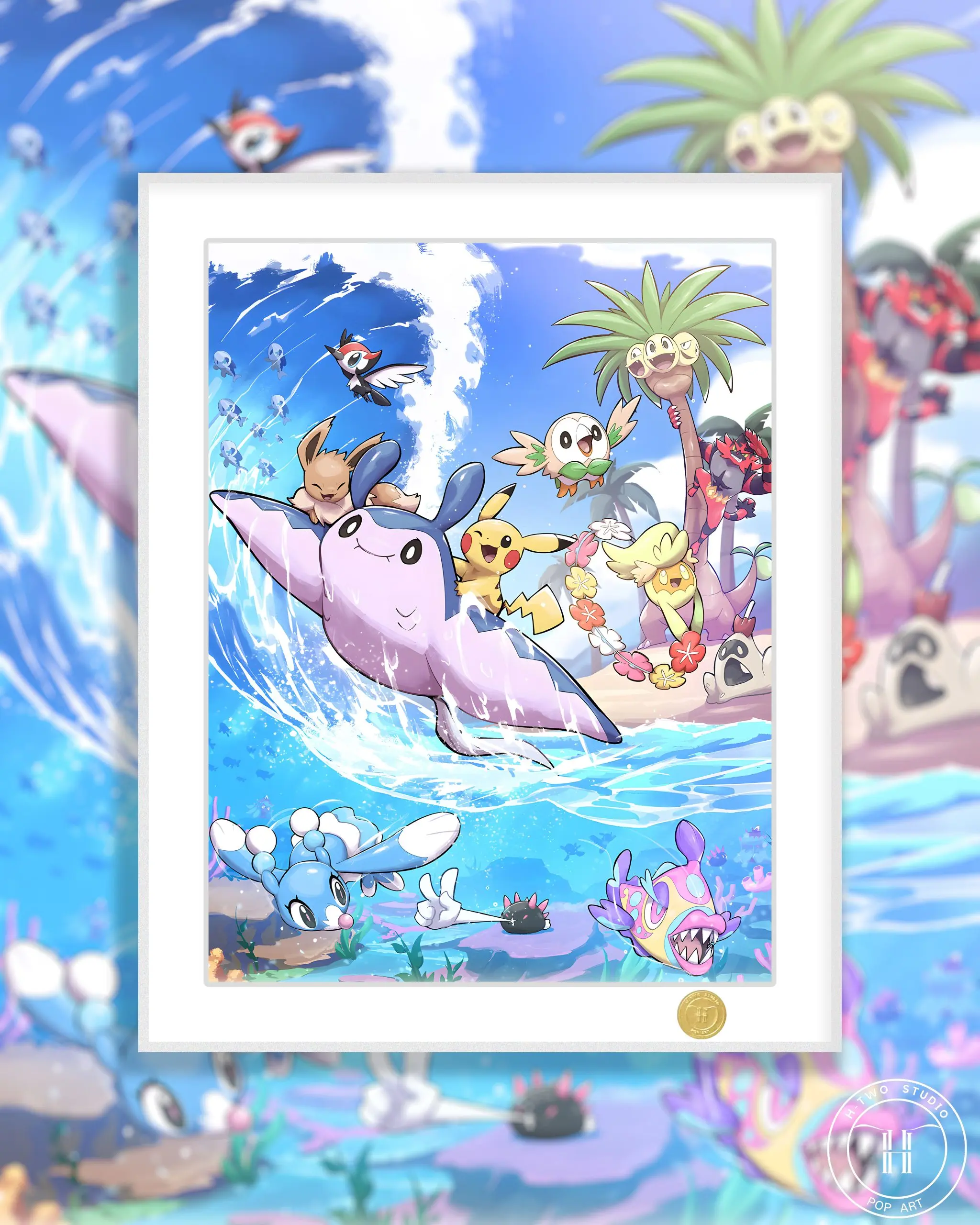 H-TWO Studio – Pokémon Pikachu & Eevee & Incineroar & Rowlet & Exeggutor Summer Alola Wall Art